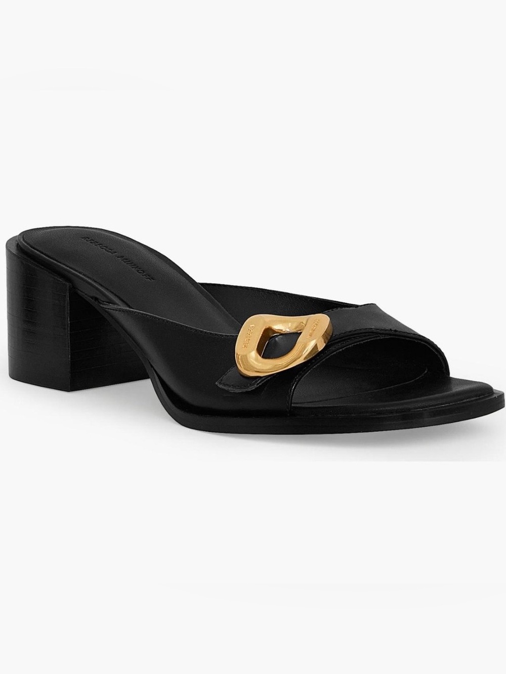 Rebecca Minkoff Black Leather Slide Mules with Gold Accent